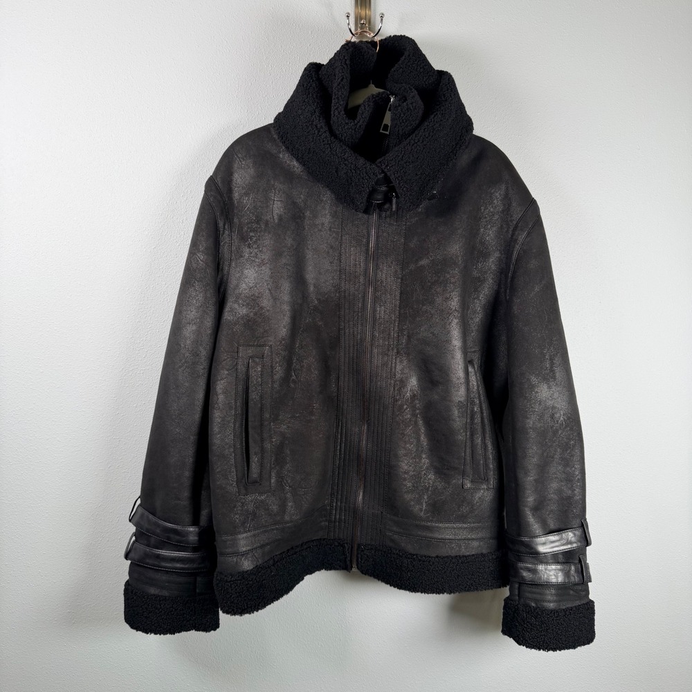 Zara XL Black Weathered Faux Leather Faux Shearling Aviator Biker Jacket Coat